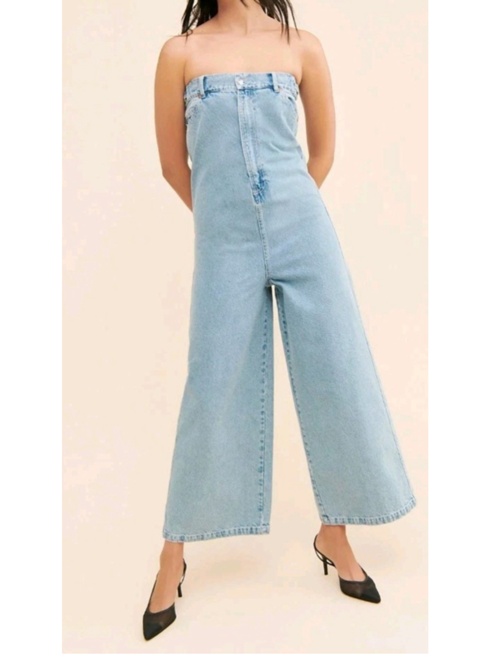 ALOHAS Lola Blue Denim Strapless Wide Leg Jumpsuit Boho Casual Beachy Size M